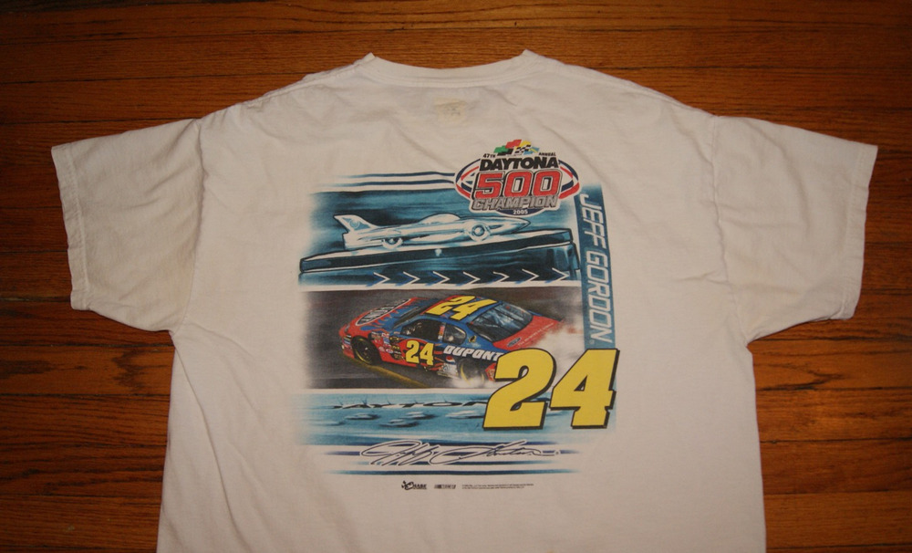 2005 Daytona 500 3 Time Winner Jeff Gordan White L TShirt 2 Sided NASCAR Racing